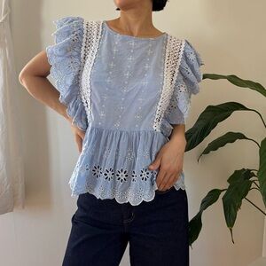 Jennifer & Grace 100% Cotton Eyelet Lace Trim Light Blue Babydoll Blouse Size M